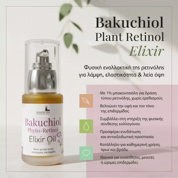 Bakuchiol Elixir Oil με 1% μπακουτσιόλη για λάμψη, ελαστικότητα και λεία υφή